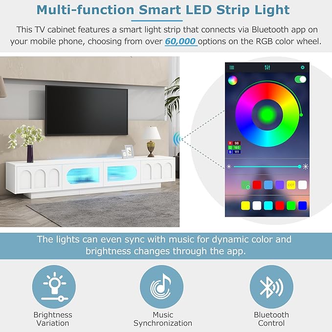 Merax TV Stand for Televisions Up to 95'', Functional Media Console with APP-Controlled Smart LED Light, Arched Cabinet Doors and Fluted Glass Doors, Entertainment Center, for Living Room, White - LeafyLoom