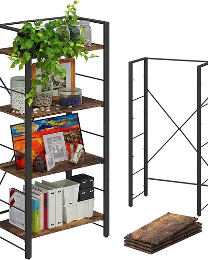 4NM Bookshelf 4 Tier Industrial Bookcase Home Office Adjustable Bookshelves Storage Shelves Organizer Vintage Book Shelf Display Rack for Living Room, Bedroom,Home - Rustic Brown - LeafyLoom