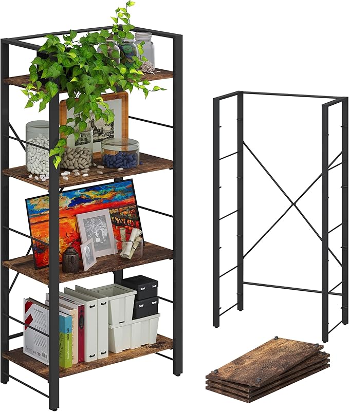 4NM Bookshelf 4 Tier Industrial Bookcase Home Office Adjustable Bookshelves Storage Shelves Organizer Vintage Book Shelf Display Rack for Living Room, Bedroom,Home - Rustic Brown - LeafyLoom