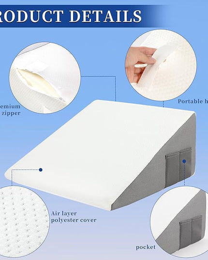 Wedge Pillow for Sleeping, 10 Inch Bed Wedge Pillow for Acid Reflux Wedge Pillow Post Surgery, Memory Foam Triangle Wedge Pillow, Pillow Wedge with Washable Cover - LeafyLoom