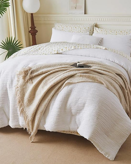 8 Piece Woven Texture White Comforter Set Queen, Bed in A Bag Bedding Sets Queen with Comforter and Sheets, Soft Lightweight Comforter Set with Deocor Throw Pillow, White - LeafyLoom