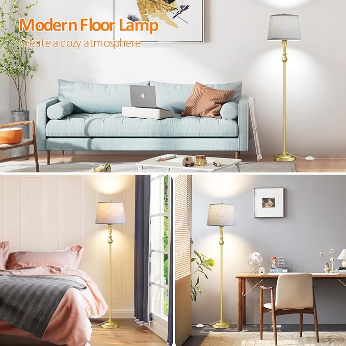 Gold Floor Lamp for Living Room with 3 Color Temperatures, Elegant Vintage Standing Lamp with Grey Linen Lampshade, Modern Floor Lamp for Bedroom, Office, 9W LED Bulb Included, Foot Switch - LeafyLoom