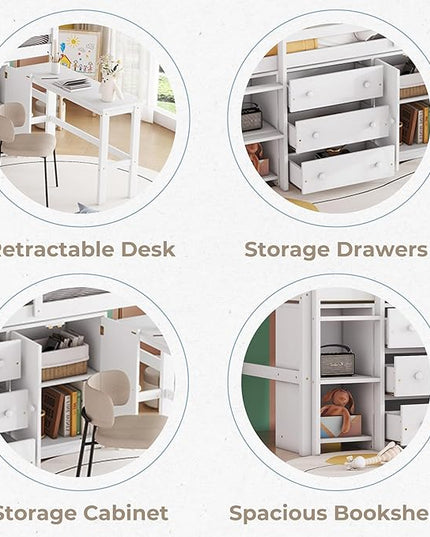 Twin Size Low Loft Bed with Pull-Out Desk, Drawers, Cabinet, and Shelves, for Kids Boys Girls Bedroom, White - LeafyLoom