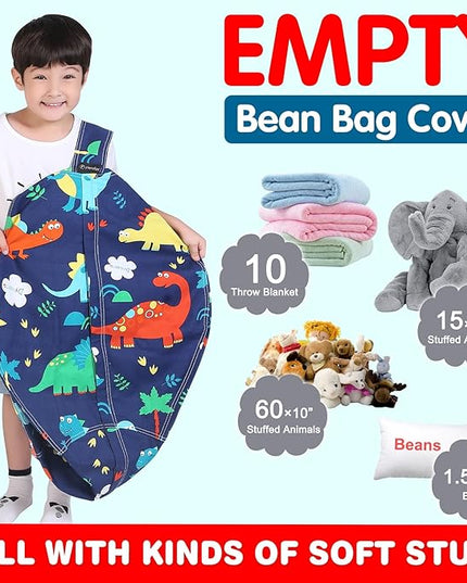 Lukeight Stuffed Animal Storage Bean Bag Chair Cover for Kids, Dinosaur Zipper Beanbag Chair Cover for Organizing Toddler & Kids' Rooms Plush Toys (Dinosaur, Large) - LeafyLoom