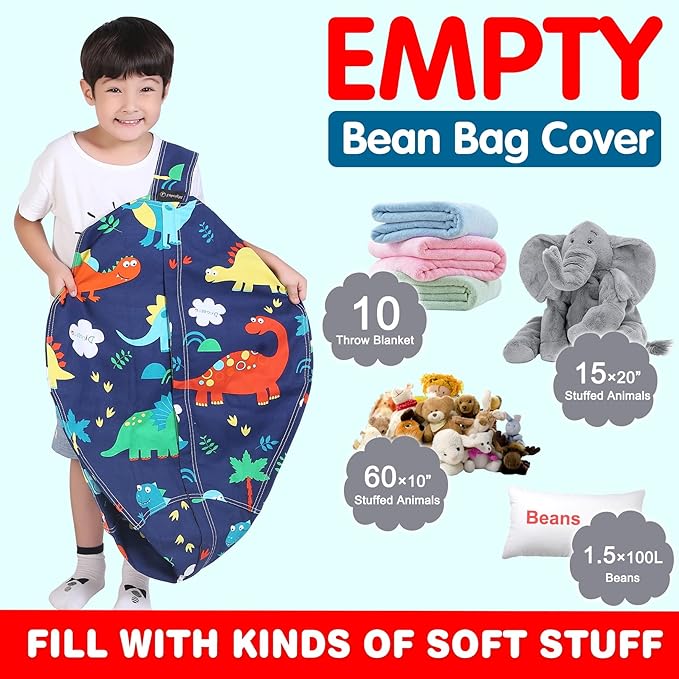 Lukeight Stuffed Animal Storage Bean Bag Chair Cover for Kids, Dinosaur Zipper Beanbag Chair Cover for Organizing Toddler & Kids' Rooms Plush Toys (Dinosaur, Large) - LeafyLoom