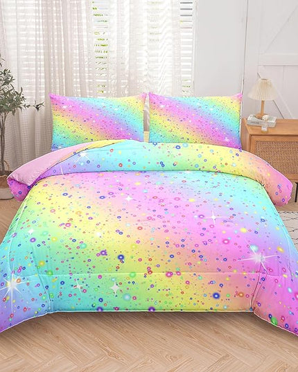 Girls Comforter Set Queen, Rainbow Bedding Set, Galaxy Twinkle Bedding for Kids Teens, Colorful Pastel Bedding Set, 5 pcs Bed in A Bag Queen, Kids Princess Bedding Set for Girls - LeafyLoom