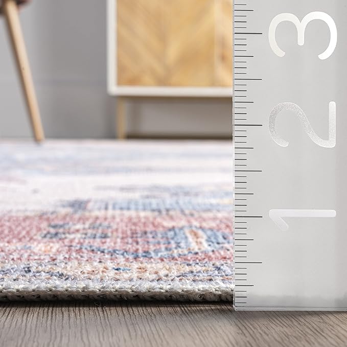 nuLOOM Olga Machine Washable Distressed Vintage Medallion Ultra Thin Area Rug, 8' x 10', Blue - LeafyLoom