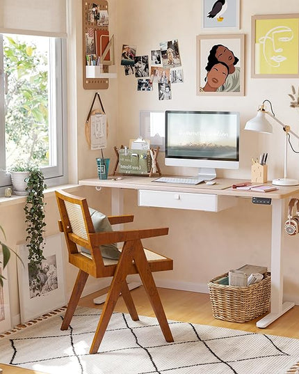 FEZIBO 55 x 24 Inches Standing Desk with Drawer, Adjustable Height Electric Stand up Desk with Storage, Sit Stand Home Office Desk, Ergonomic Computer Desk, Maple - LeafyLoom