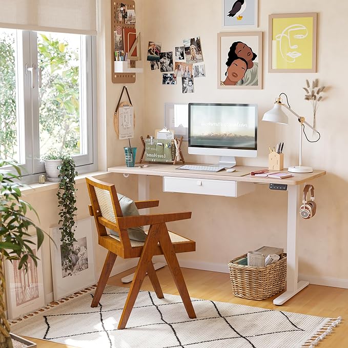 FEZIBO 55 x 24 Inches Standing Desk with Drawer, Adjustable Height Electric Stand up Desk with Storage, Sit Stand Home Office Desk, Ergonomic Computer Desk, Maple - LeafyLoom