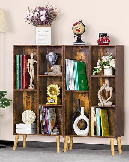 LEYAOYAO 5 Cube Small Bookshelf,3 Tier Mid-Century Bookcase with Legs,Wood Bookshelves Storage Organizer Shelf,Narrow Book Shelves,Brown Bookcases - LeafyLoom