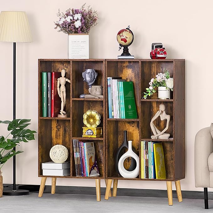 LEYAOYAO 5 Cube Small Bookshelf,3 Tier Mid-Century Bookcase with Legs,Wood Bookshelves Storage Organizer Shelf,Narrow Book Shelves,Brown Bookcases - LeafyLoom