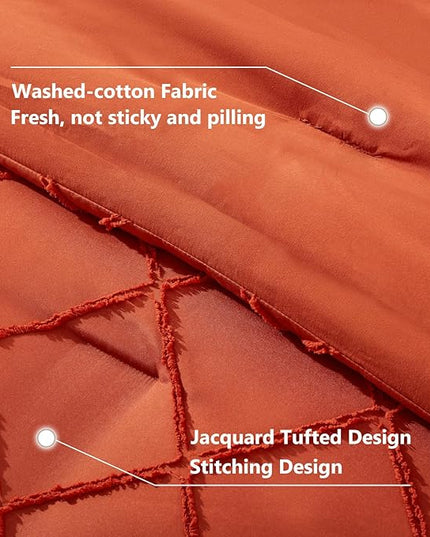 Boho Orange Comforter Set with Jacquard Tufted Design,Farmhouse Bedding Sets for All Seasons,Soft 7 Pieces Queen Bed in a Bag with Comforter,Flat Sheet,Fitted Sheet,Pillowcases & Shams - LeafyLoom