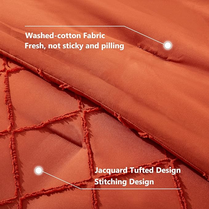 Boho Orange Comforter Set with Jacquard Tufted Design,Farmhouse Bedding Sets for All Seasons,Soft 7 Pieces Queen Bed in a Bag with Comforter,Flat Sheet,Fitted Sheet,Pillowcases & Shams - LeafyLoom