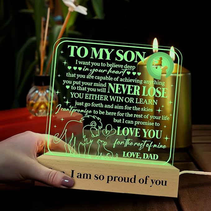 ARTSYWIX Gift for Son from Dad Father, to my Son 3D Illusion Lamp Wooden Base USB Powered Acrylic Night Light, Son Grandson Bonus Son Boy Lamp Present, Gift for Graduation Keepsake Birthday - LeafyLoom