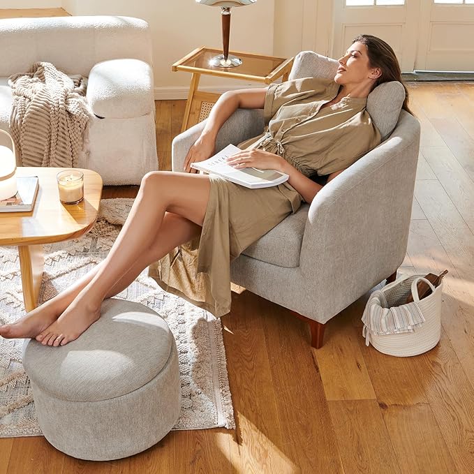 COLAMY Accent Chairs & Ottoman Set of 2, Upholstered Fabric Living Room Chair Armchair with Back Pillow and Wooden Legs for Reading Room, Light Grey - LeafyLoom
