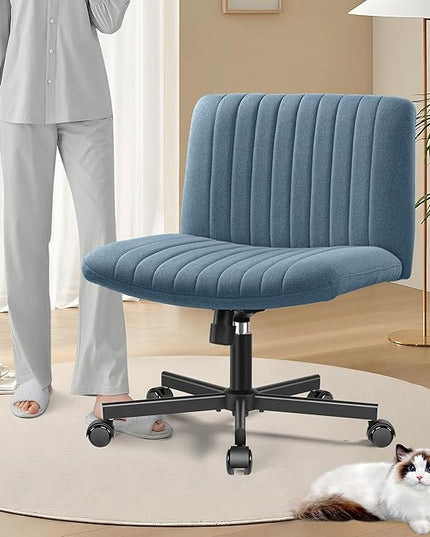 Armless Office Chair with Wheels, Ergonomic Wide Seat Fabric Cross Legged Desk Chair, Swivel Computer Chair for Home Office, Modern Vanity Chair Navy Blue - LeafyLoom