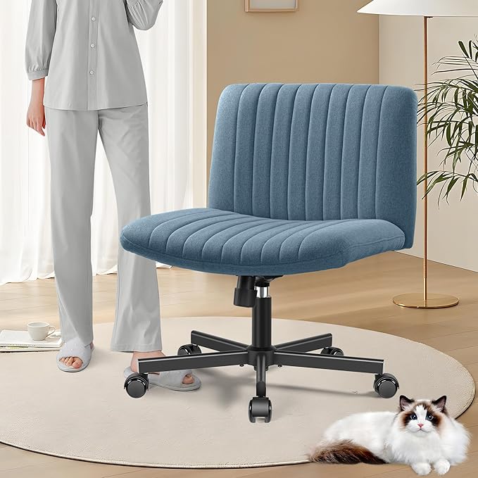 Armless Office Chair with Wheels, Ergonomic Wide Seat Fabric Cross Legged Desk Chair, Swivel Computer Chair for Home Office, Modern Vanity Chair Navy Blue - LeafyLoom