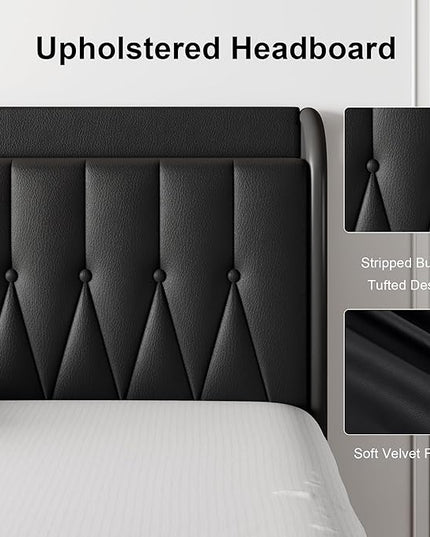 Feonase Full Bed Frame with Type-C & USB Port, Metal Platform Beds, with Faux Leather Upholstered Headboard & Footboard, 12" Underbed Storage Space, Easy Assembly, Noise-Free, Black - LeafyLoom