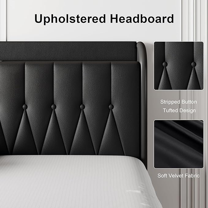 Feonase Full Bed Frame with Type-C & USB Port, Metal Platform Beds, with Faux Leather Upholstered Headboard & Footboard, 12" Underbed Storage Space, Easy Assembly, Noise-Free, Black - LeafyLoom