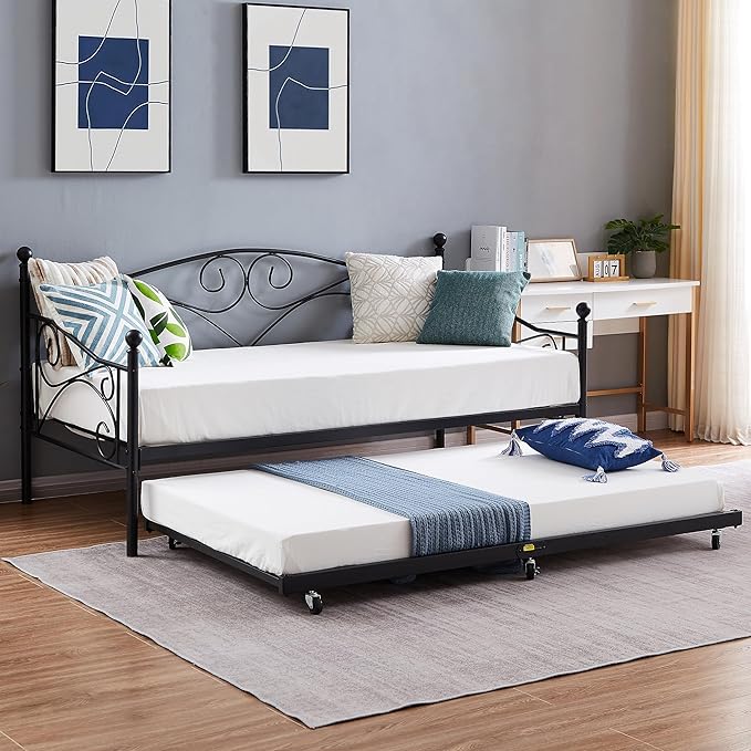 VECELO Twin Trundle Bed Frame Only/Roll Out/Enhanced & Up-Graded Metal Slats Support, Black - LeafyLoom