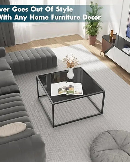 SAYGOER Black Glass Coffee Table Small Modern Coffee Tables 26.7in Square Tempered Glass-Top Accent Center Table for Living Room Home Office with Black Metal Frame Easy Assembly - LeafyLoom