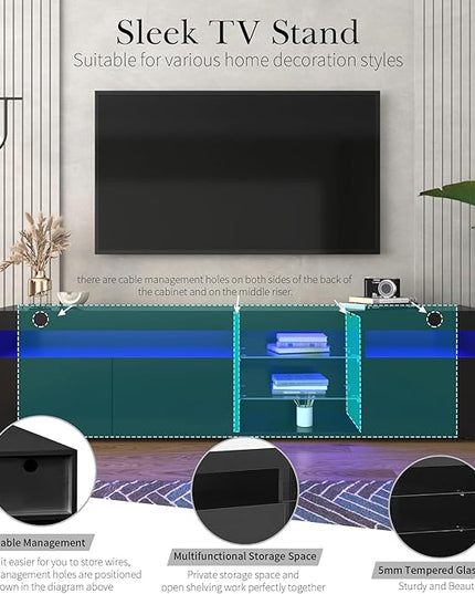Merax LED TV Stand for 80" TVs with Multi-Functional Storage, Modern Television Cabinet Table Media Console with Drawer and Led Lights, High Glossy Entertainment Center for Living Room Bedroom, Black - LeafyLoom