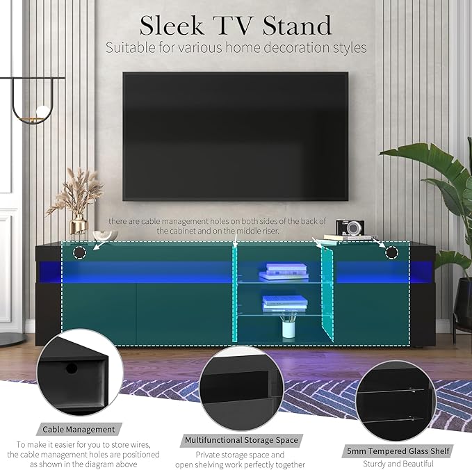 Merax LED TV Stand for 80" TVs with Multi-Functional Storage, Modern Television Cabinet Table Media Console with Drawer and Led Lights, High Glossy Entertainment Center for Living Room Bedroom, Black - LeafyLoom