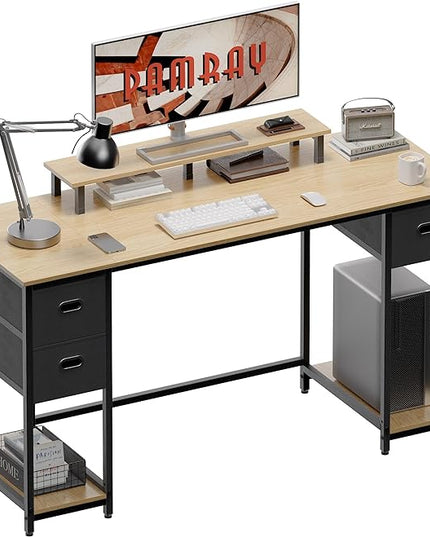Pamray 55 Inch Computer Desk with Non-woven Storage Drawers and Monitor Stand Home Office Desk for Bedroom Study Table Writing and Work Desk Walnut - LeafyLoom