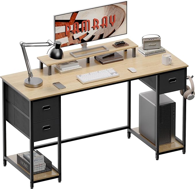 Pamray 55 Inch Computer Desk with Non-woven Storage Drawers and Monitor Stand Home Office Desk for Bedroom Study Table Writing and Work Desk Walnut - LeafyLoom