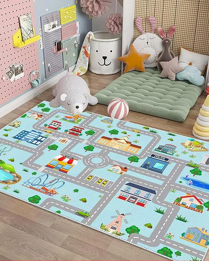 Kids Car Rug,4x6 City Life Traffic Road Playmat for Toy Cars Trains, Non-Slip Race Track Carpet Educational Fun Area Rugs for Boy and Girl Bedroom Nursery - LeafyLoom