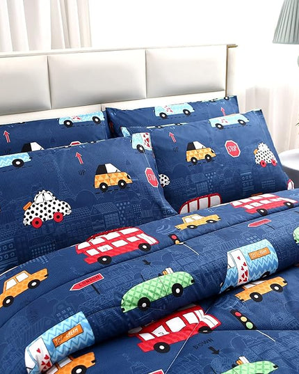 MAG 3Pcs Cartoon Car Bedding Comforter Set, Blue Cute Base Full/Queen Comforter Set,for Toddlers Kids,Boys Teens and Girls,Super Soft Microfiber, Full/Queen Size - LeafyLoom