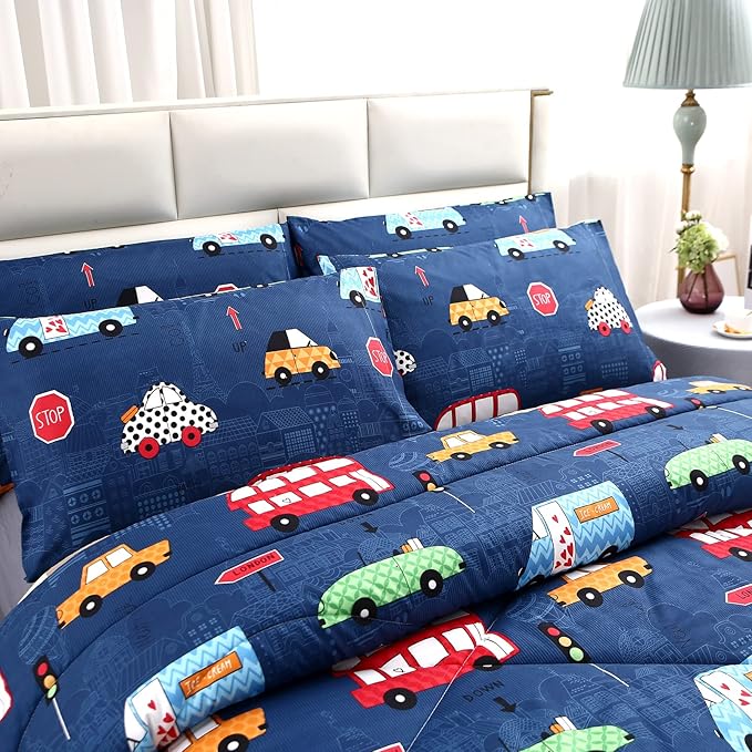 MAG 3Pcs Cartoon Car Bedding Comforter Set, Blue Cute Base Full/Queen Comforter Set,for Toddlers Kids,Boys Teens and Girls,Super Soft Microfiber, Full/Queen Size - LeafyLoom