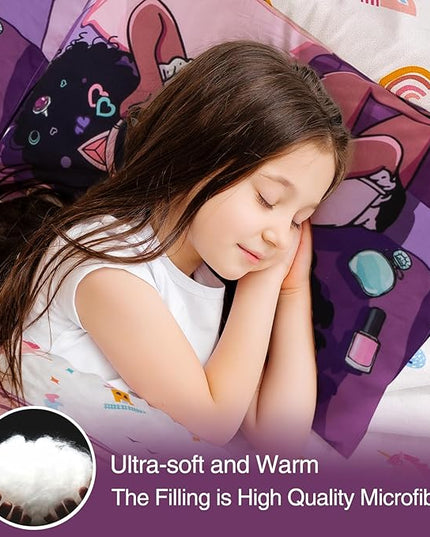 A Nice Night Purple Comforter Sets,Black Girl Listening Music Printed, 6Pcs Bed in A Bag Full Size All Seasons Bedding Set,for Kids, Girls - LeafyLoom