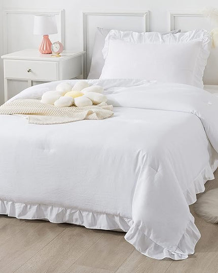 Andency White Comforter Twin Size, 2 Pieces Solid Farmhouse Shabby Chic Ruffle Bedding Comforters & Sets, All Season Soft Lightweight Fluffy Bed Set for Kids Girls Teens - LeafyLoom