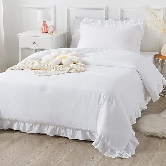 Andency White Comforter Twin Size, 2 Pieces Solid Farmhouse Shabby Chic Ruffle Bedding Comforters & Sets, All Season Soft Lightweight Fluffy Bed Set for Kids Girls Teens - LeafyLoom