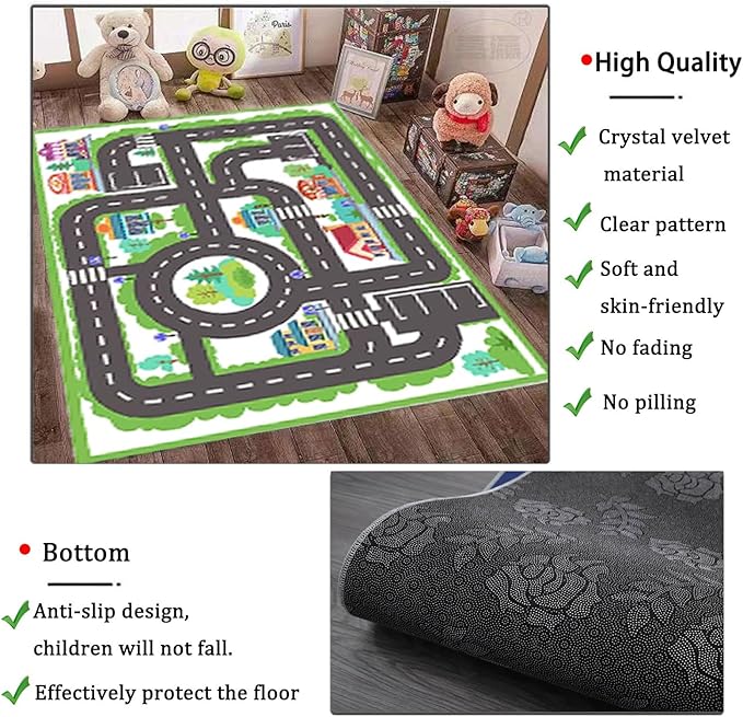 kid rug carpet playmat for toy cars and trains,road traffic kids play area rug,city Life town play Mat for Playroom Bedroom Boys,Children's Educational Fun Throw Rug with Rubber Backing 31X71IN - LeafyLoom