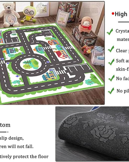 kid rug carpet playmat for toy cars and trains,road traffic kids play area rug,city Life town play Mat for Playroom Bedroom Boys,Children's Educational Fun Throw Rug with Rubber Backing 31X63IN - LeafyLoom