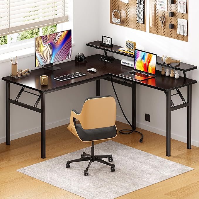 DlandHome Reversible L-Shaped Desk with Monitor Stand,LED Lighting Computer Desk with Power Outlets,Home Office Table Computer Workstation, Black - LeafyLoom