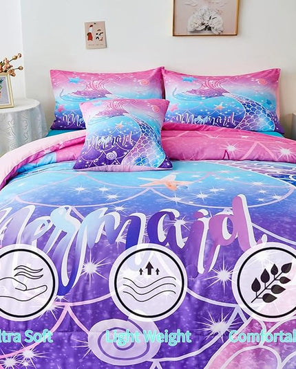 RYNGHIPY Mermaid Comforter Set 6Pcs, Kids Gilrs Bed in a Bag Full Size, Mermaid Tail Print Teens Girls Bedding Set, Rainbow Bedding Collections - LeafyLoom
