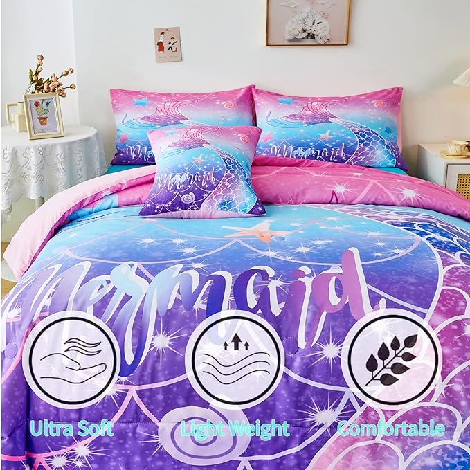 RYNGHIPY Mermaid Comforter Set 6Pcs, Kids Gilrs Bed in a Bag Twin Size, Mermaid Tail Print Teens Girls Bedding Set, Rainbow Bedding Collections - LeafyLoom