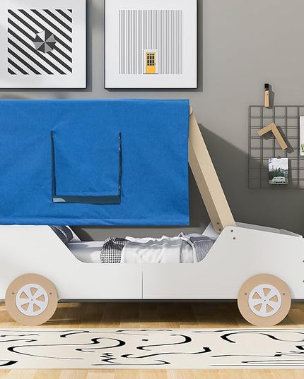 Full Size Kids Car Bed with Tent Canopy & Wheels,Wood Bedframe W/Safty Grille,Raised Base Design,Easy Assembly,Toddler Boys Car-Shaped Bedroom Beds for Reading Playing Relaxing,White+Natural - LeafyLoom