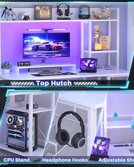 Cyclysio Gaming Desk with Hutch, 47'' Computer Desk with LED Lights & Power Outlets, Home Office Desk with Reversible 5 Tiers Storage Shelves & Monitor Stand, Small Gaming Table for Small Space, White - LeafyLoom