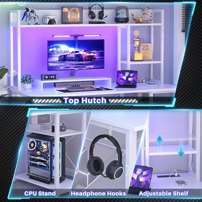 Cyclysio Gaming Desk with Hutch, 47'' Computer Desk with LED Lights & Power Outlets, Home Office Desk with Reversible 5 Tiers Storage Shelves & Monitor Stand, Small Gaming Table for Small Space, White - LeafyLoom