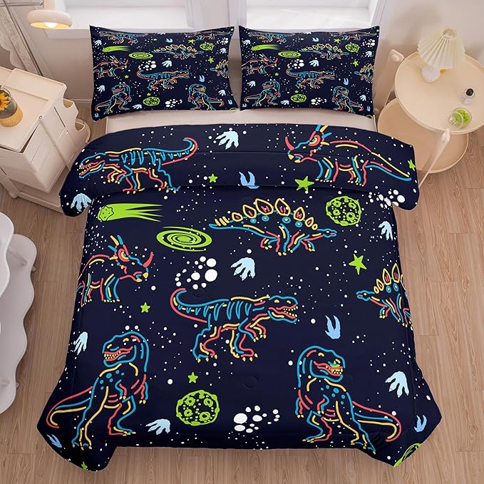 NINENINE Dinosaur Bedding Sets for Boys Kids,Dark Blue Retro Dinosaur Comforter Set,Queen Size Comforter Sets for Kids,with 1 Comforter 2 Pillowcases… - LeafyLoom