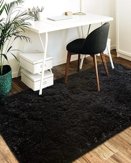 Super Soft Fluffy Shaggy Rugs 3x5 Feet for Living Room Bedroom, Fuzzy Plush Area Rugs for Girls Kids Room Nursery Home Decor, Furry Dorm Rug Cute Non-Slip Indoor Floor Carpet, Black - LeafyLoom