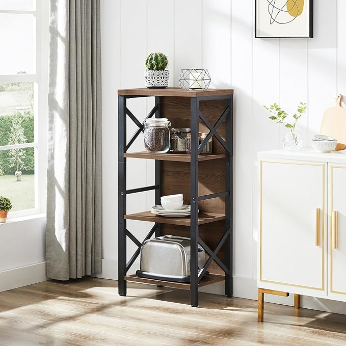 Bookcase, Industrial Small Bookshelf,4-Tier Narrow Bookcase Storage Organizer, Small Book Shelf for Small Spaces, Living Room, Bedroom and Home Office, Brown - LeafyLoom