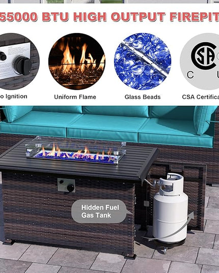 Patio Furniture Sectional Sofa Set 10-Pieces PE Rattan Patio Conversation Set w/43in Gas Fire Pit Table, Outdoor Furniture with 55000 BTU Propane Fire Pit, Blue - LeafyLoom
