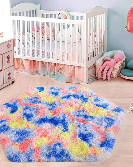 junovo Ultra Soft Hexagon Rug Fluffy Rainbow Nursery Rug for Princess Tent Kids Play Castle, Furry Hexagonal Carpet for Kids Girls Room Playhouse Classroom Dorm Home Decor, 4.6ft Tie-Dye Orange-Red - LeafyLoom