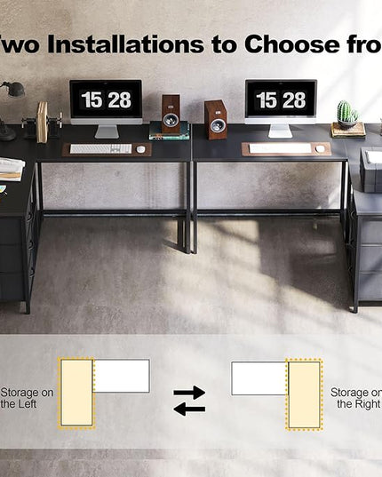 Treesland L Shaped Desk with Drawers, Computer Desk with Storage & Shelves, Corner Desk with Storage, Home Office Desks with Drawers, L Shape Desks with Storage, Black - LeafyLoom