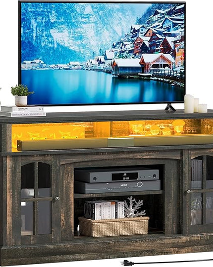 YITAHOME LED Farmhouse TV Stand for TV up to 65" w/Outlets, Highboy Media Entertainment Center Console Table Adjustable Storage Shelves &Cabinet Glass Door for 400lbs for Living Room, Dark Rustic Oak - LeafyLoom